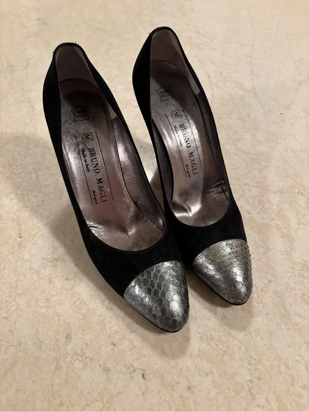 Bruno Magli Black Suede Pumps with Silver Snakeskin Pointed Toe
